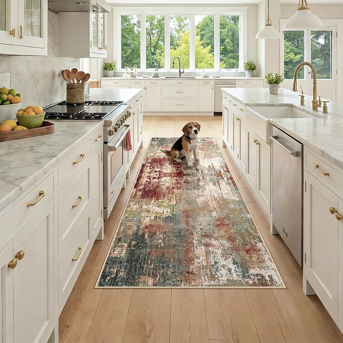 RELEANY Washable Area Rugs 3x7 Non-Slip Modern Abstract Soft for Living Room Entryway Bedroom Nursery, Print Pattern, Brown Rust Red Green Blue Multi