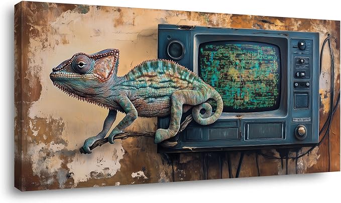 Ggaafet Retro Chameleon Wall Art for Living Room Canvas Painting Prints Rustic TV Television Art Deco Fantasy Artwork Office Bedroom Farmhouse Dining Room Decor Extra Large