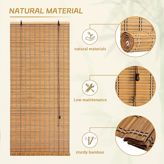 Bamboo Roll Up Shades for Windows 32Wx72L, Light Filtering Hanging Window Blinds, Eco-Friendly & Durable Bamboo Shades for Patio Home Indoor/Outdoor Porch