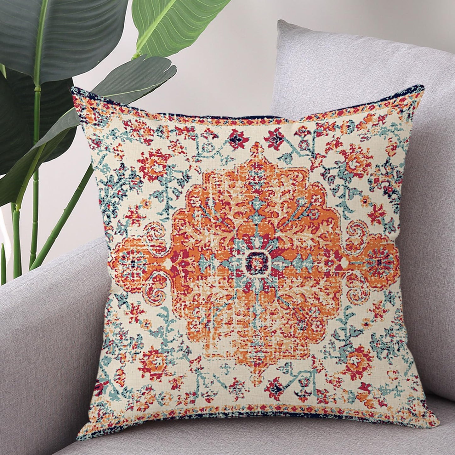 Outdoor Waterproof Pillow Covers - 20x20 Inch Set of 2 Bohemian Vintage Carpet Pattern Pillow Covers in Orange and Blue Ethnic Design for Decorative Farmhouse, Couch, Garden, Balcony