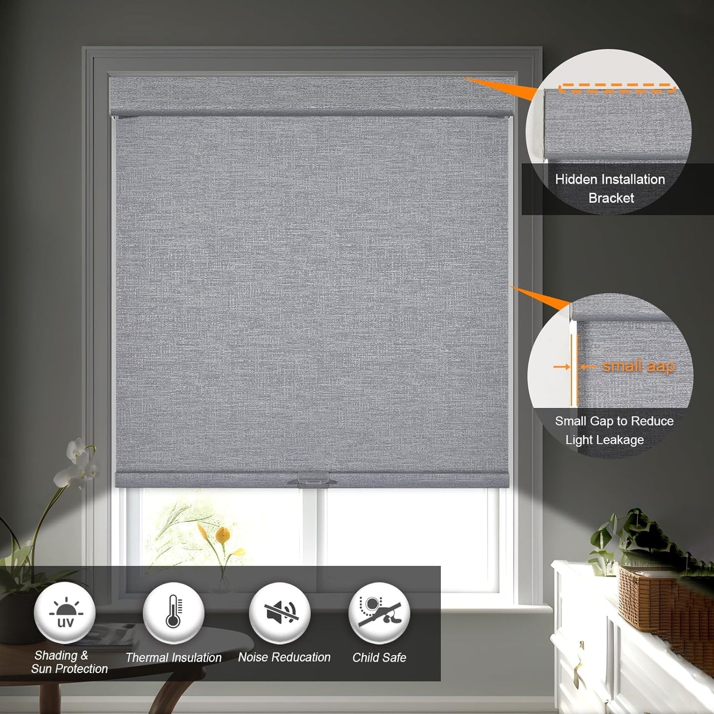 Persilux Blackout Roller Shades for Indoor Windows with Upgraded Cassette, Cordless Shades Window Blinds Pull Down for Doors, Easy to Install for Office/Living Room/Bedroom, Grey(62" W x 96" H)