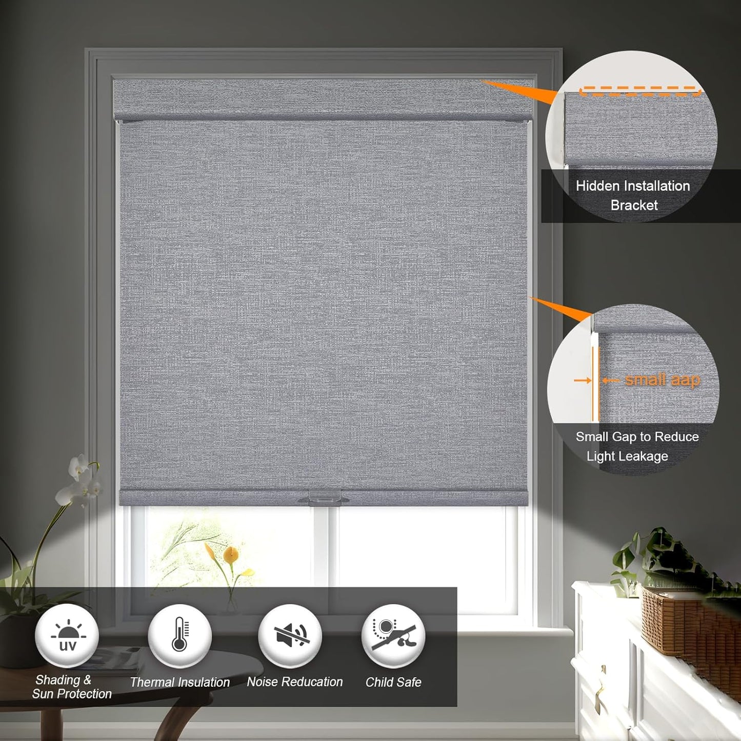 Persilux Blackout Roller Shades for Indoor Windows with Upgraded Cassette, Cordless Shades Window Blinds Pull Down for Doors, Easy to Install for Office/Living Room/Bedroom, Grey(19" W x 56" H)