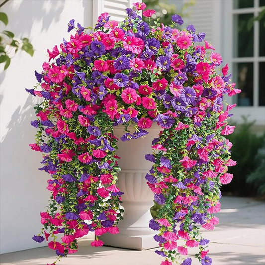 Serwalin Artificial Hanging Flowers for Outdoors Decoration, 4PCS UV Resistant Silk Artificial Fake Plants Outdoor for Porch Patio Balcony Indoor Planter Yard Decor (Purple&Rose Pink,4PCS)