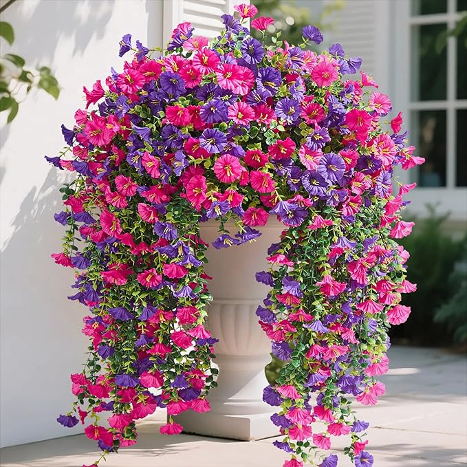 Serwalin Artificial Hanging Flowers for Outdoors Decoration, 8PCS UV Realistic Resistant Fake Silk Artificial Plants Outdoor for Porch Patio Balcony Indoor Planter Yard Decor (Purple&Rose Pink,8PCS)