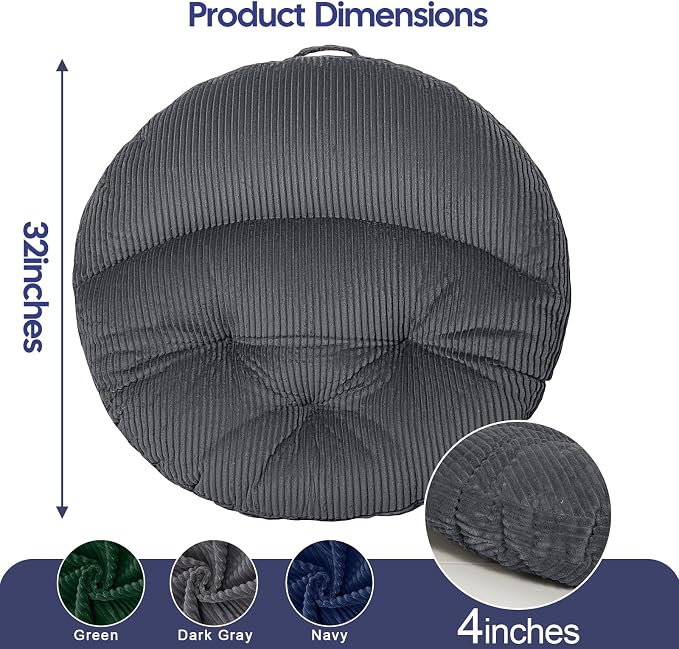 Meditation Cushion, 32 Inch Large Round Floor Pillow, Dark Grey | Soft Tufted Corduroy Meditation Pillow for Adults with Handle for Yoga, Cozy Meditation Mat for Reading and Tatami Seating