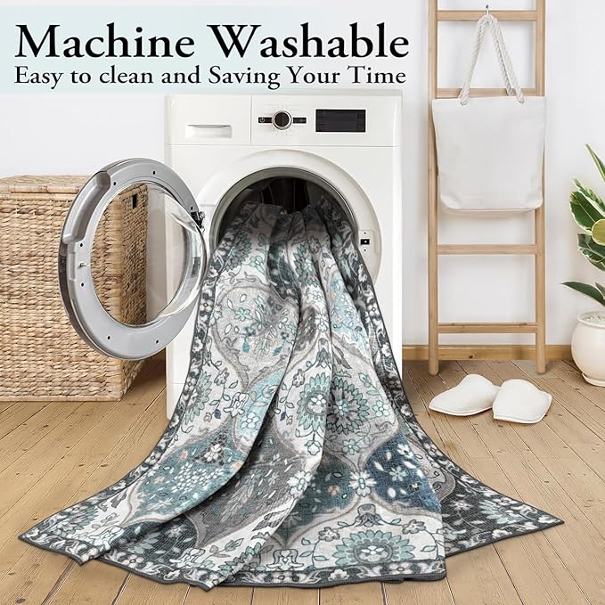 Lahome Moroccan Washable Area Rug 6x9, Ultra-Thin Large Living Room Rugs for Bedroom, Oriental Trellis Distressed Non Shedding Throw Carpet for Dining Room Office Elise, Blue