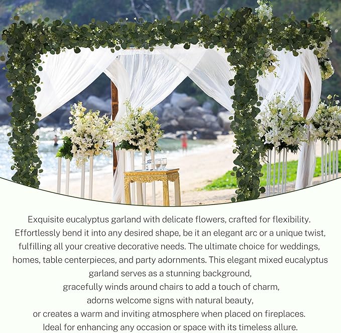 YIJXPOIN Eucalyptus Garland, 6FT Green Flower Garland Decor, Artificial Faux Eucalyptus Leaves Greenery Vines for Table Runner Wedding Bedroom Mantle Centerpieces Backdrop Decorations