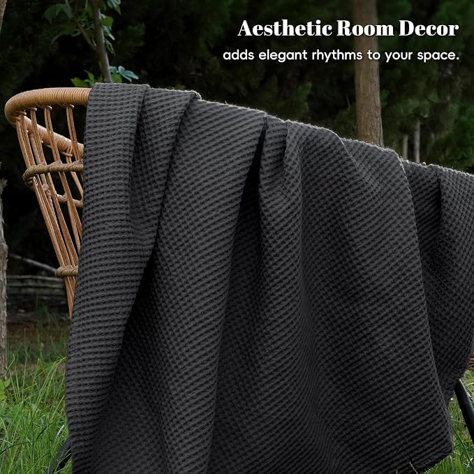 PHF 100% Cotton Waffle Weave Blanket Twin Size 66"x90" - Lightweight Washed Soft Breathable - Perfect Layer for Couch Bed Sofa - Aesthetic Elegant Home Decoration Gift - Black