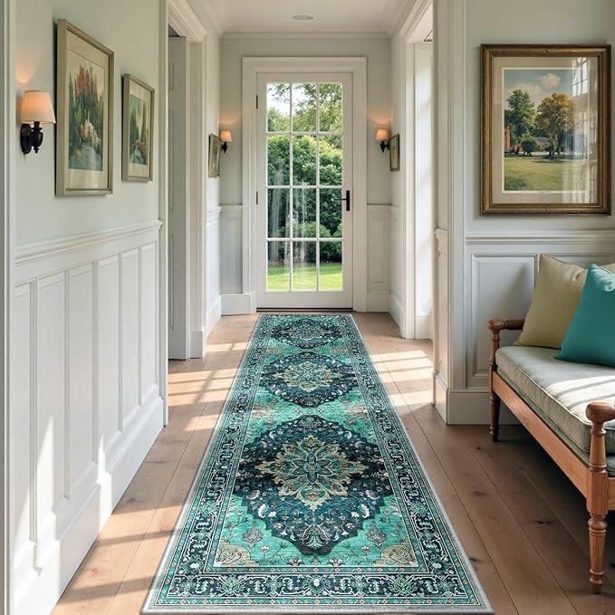 RELEANY Area Rugs 2'x7' Runner Rug Non Slip Washable for Kitchen Hallway Bedroom Beside Laundry Room Bathroom Rug, Floor Carpet, Teal Green Lake Blue Turquoise