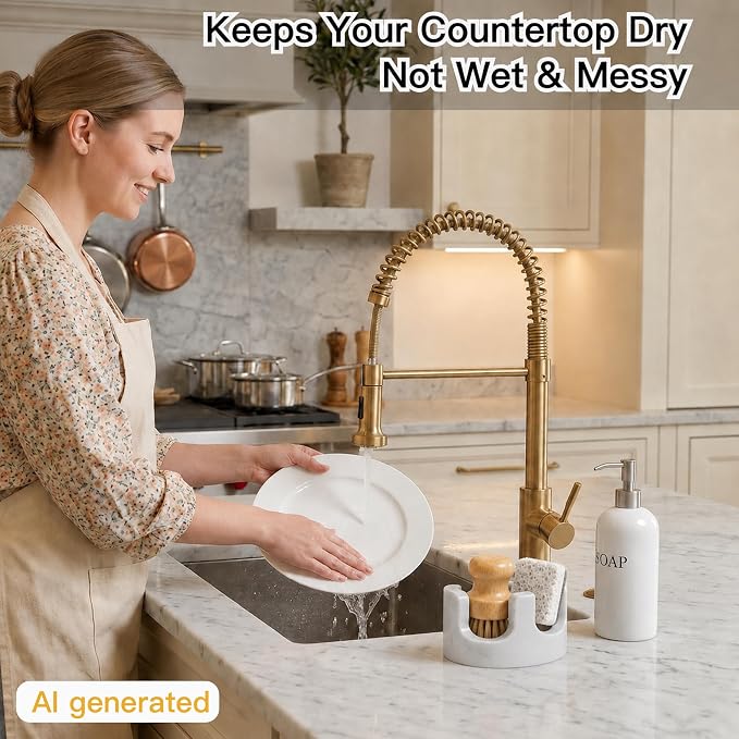 White Marble Sponge Holder for Kitchen Sink, Dual Slot Stone Caddy,Carrara White | 2-in-1 Natural Stone Sponge & Brush Holder, Raised Edge Helps Catch Water, Keeps Countertops Dry , Keeps Countertop Dry