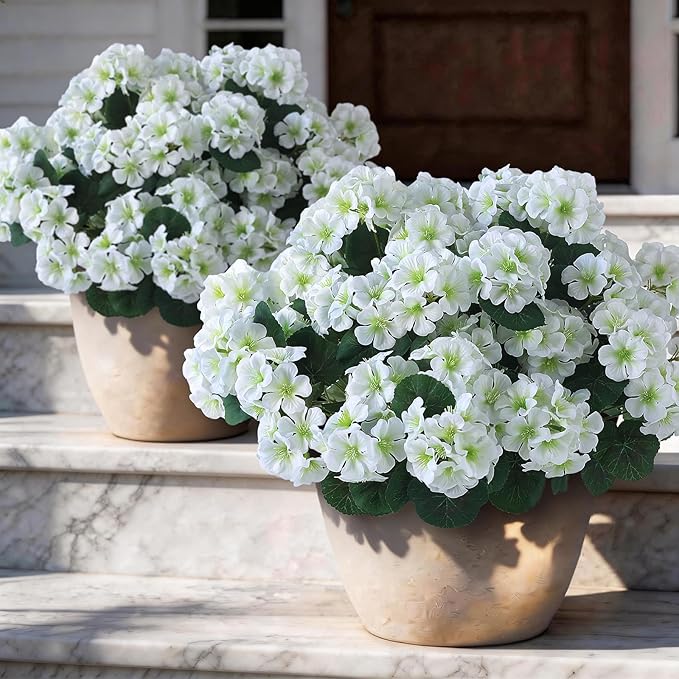 GLIDLION 12 Bundles Artificial Geranium Flowers for Spring Summer Decor, UV-Resistant Fake Plants Realistic Faux Silk Bouquets for Front Door Farmhouse Garden Porch Home Outdoor Decor (White)