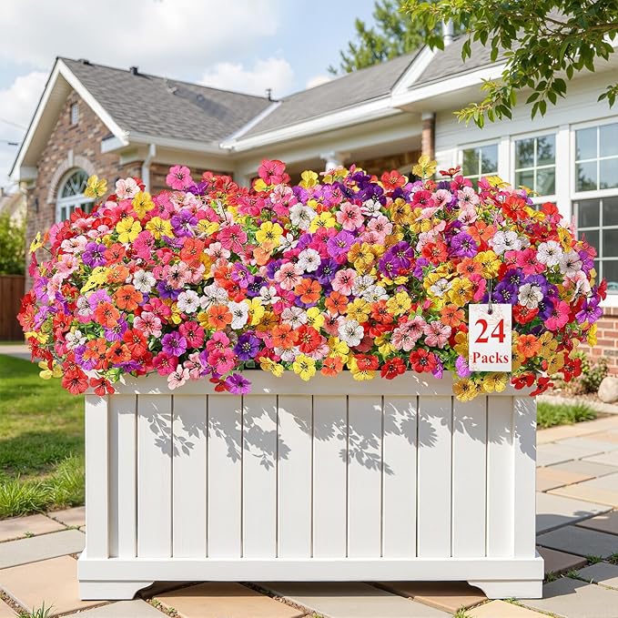 Alupssuc 24 Bundles Artificial Flowers for Outdoors Decoration, UV Resistant Silk Faux Daisy Flora Spring Fake Plastic Plants Greenery for Outside Indoor Yard Home Porch Window Box Decor, Mix 8 Colors