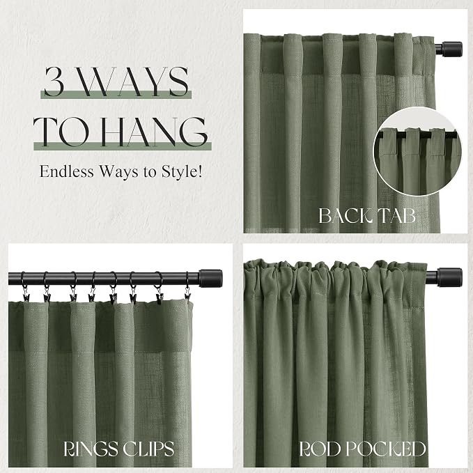 Jowels Loden Green Linen Curtains 96 Inch Long 2 Panels for Living Room | Olive Green Light Filtering Sheer Curtain,Back Tab Pocket Pleated Look, Farmhouse Textured Privacy Drapes for Bedroom Window