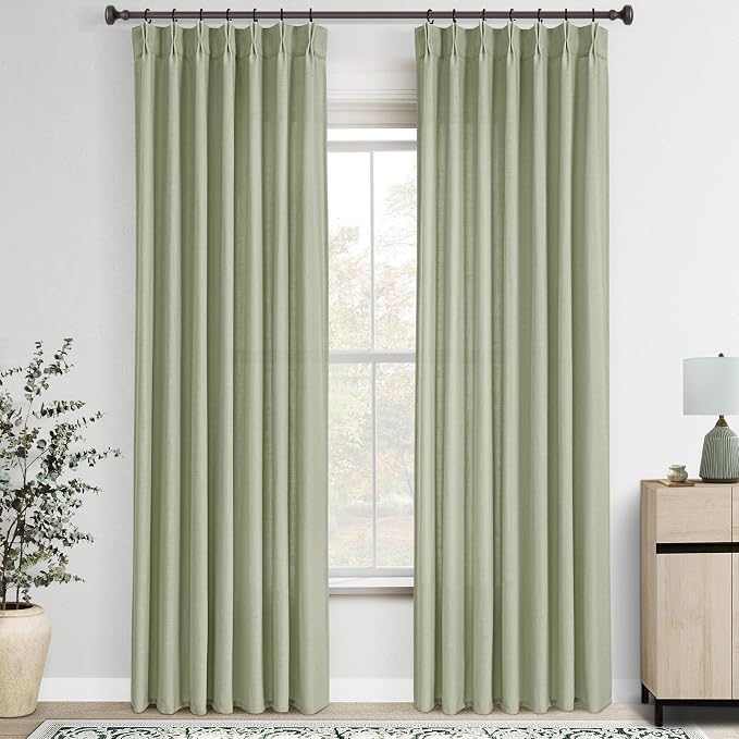 Pinch Pleated Sage Green Curtains 120 inch Long for Living Room 2 Panel Set Light Fitering Semi Sheer Light Green Linen Curtain with Pleat Hooks Rustic Farmhouse Sage Drapes 10 ft Length 40"x120"