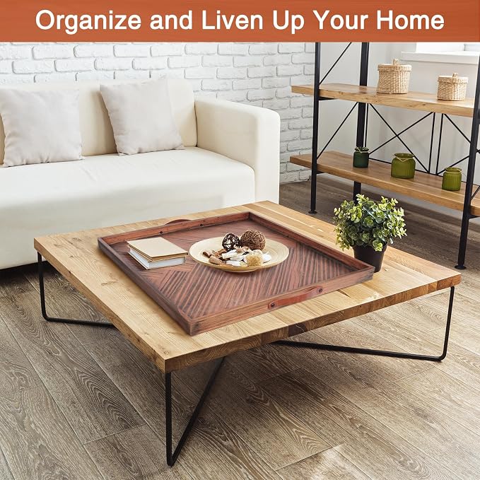 SXNOWS Wooden Serving Tray with Leather Handles, 24x24 in | Large Square Wood Tray,Perfect for Ottoman Coffee Table Living Room and Kitchen, Rustic Gift for Home Decor