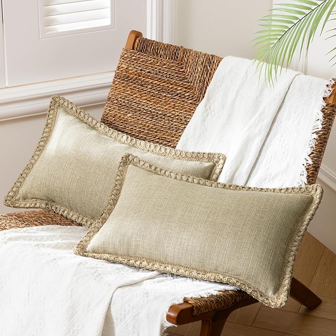 Phantoscope Pack of 2 Farmhouse Decorative Solid Throw Decorative Pillow Cover Burlap Linen Trimmed Tailored Edges, Oatmeal 12 x 20 inches 30 x 50 cm