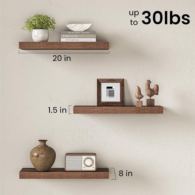 Fun Memories 20 Inch Floating Shelves for Wall, 8 Inch Deep Rustic Wood Wall Mounted Shelves with Invisible Brackets for Bathroom, Bedroom, Kitchen & Living Room Storage Decor, Rustic Brown, 2 Pack