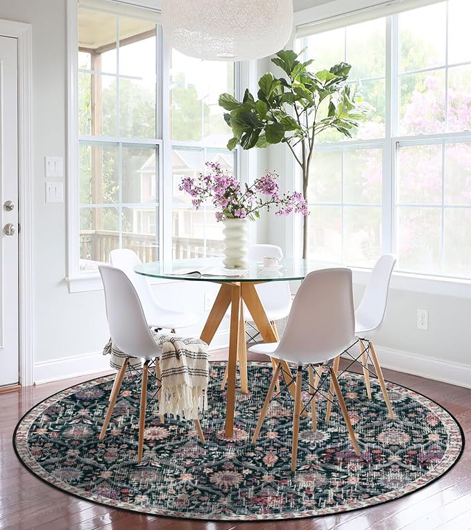 Lahome Moroccan Trellis Washable Round Area Rug, Soft Round Rugs 6ft Ultra-Thin Non-Slip, Vintage Large Circle Carpet for Bedroom Living Room Kitchen Nursery Elise, Black/Multi