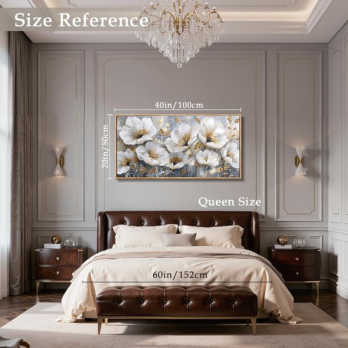 imjiayu Large Framed Wall Art, Floral Wall Art, Modern Art Wall Decor, White and Gold Flowers Canvas Prints, Nature Classy Paintings Wall Decor Living Room Bedroom Office Home Decorations 20"x40"