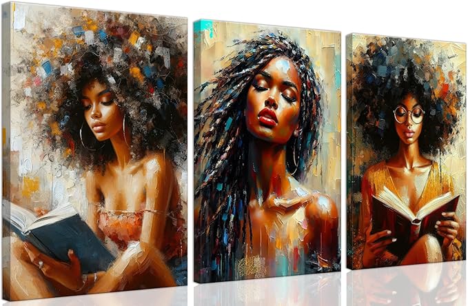 Framed Modern Abstract African American Women Wall Art Set of 3 Painting Canvas Prints,Boho Black Girl with Floral Accents, Inspirational and Trend Poster for Living Room,Bedroom, Office Decor,12X16in