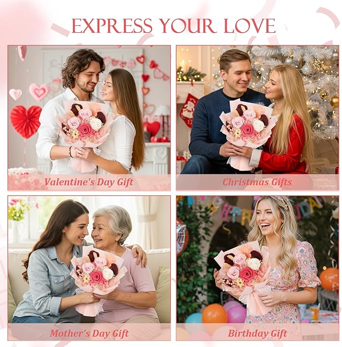 Preserved Flowers Bouquet 4 Roses with Vase,Flowers for Delivery Prime That Last 3-5 Years Real Forever Flowers Rose Bouquet for Mom Mother Women Wife Friends Birthday Mother's Day（Pink）