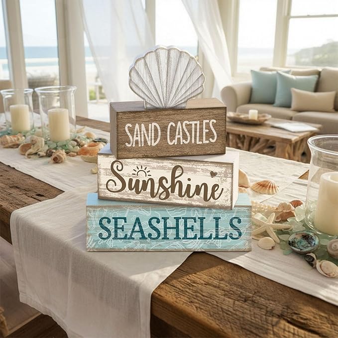 Yuntau 4 Pcs Summer Decorations for Home Shells Wooden Tabletop Decor Summer Tiered Tray Decor Rustic Wood Block Sign Gift Centerpiece Farmhouse Table for Shelf Office