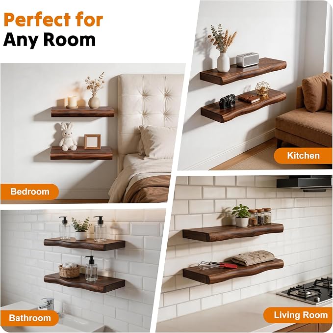 Solid Wood Live Edge Floating Shelves Set of 2 – 12" Rustic Wall Shelf with Hidden Bracket System, Wall Mounted Shelves for Bathroom, Kitchen, Living Room, Bedroom (Walnut)