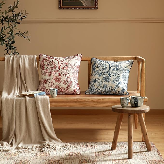 ISAENNE Designer Linen Square Throw Pillow Cover,Set of 2,18"x18"-Ruyi B | Vintage French Elegant Pillow Cover,Concealed Zipper Design,Blue Floral Pattern,Sofa,Bedroom,Living Room,Lounge Chairs