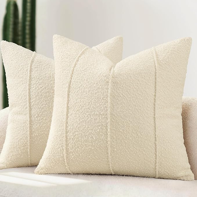 YCOLL Textured Boucle Throw Pillow Covers 24x24 Pack of 2 - Soft Neutral Striped Cushion Covers, Cozy Accent Decorative Pillow Covers for Couch, Sofa, Bed, Living Room (Cream)