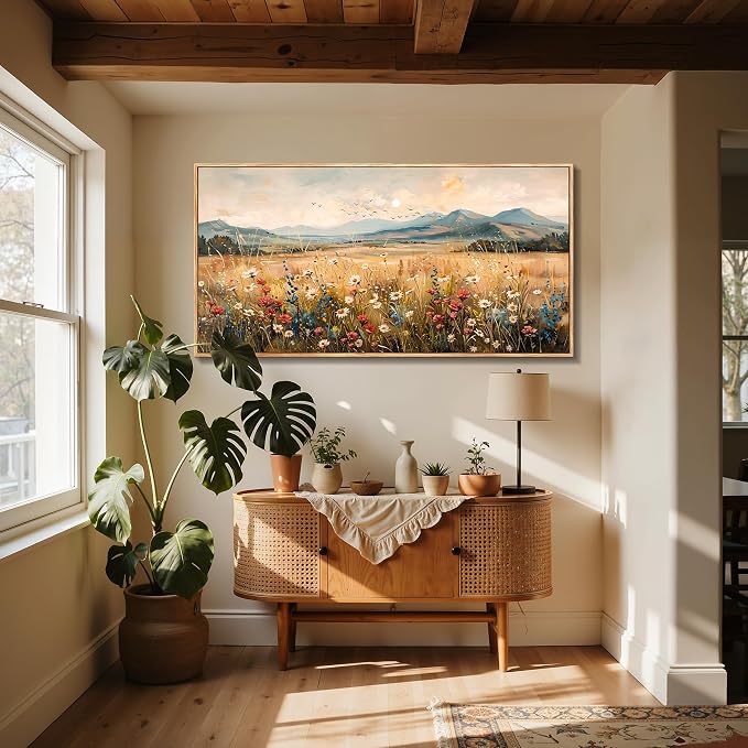 imjiayu Extra Large Wall Art, Landscape Wall Art, Rustic Wall Decor, Country Wildflowers Framed Art Prints, Neutral Oversized Paintings for Living Room Dining Room Farmhouse Home Decoration 29"x57"