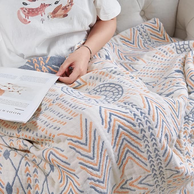 jinchan Boho 100% Cotton Muslin Twin Size 60x80 Throw Blanket Lightweight 4-Layer Orange Reversible Blanket Washable Breathable Geometric Striped Pattern Soft Comfy for Couch Bed Decor All Seasons