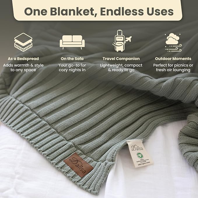 100% Organic Cotton Knit Blanket Denise, Soft and Lightweight, Breathable All-Season Throw for Bed, Sofa, or Lounge Area -GOTS Certified-Perfect for Home and Bedroom Styling (Green, 60x80)