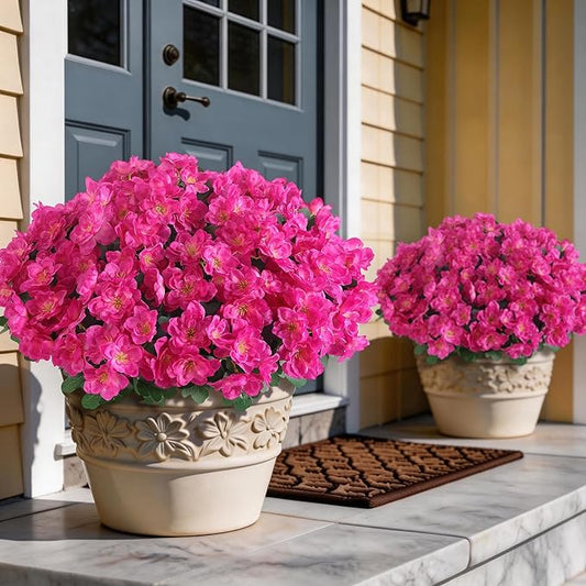 16 Bundles Artificial Flowers for Front Door, Fake Silk Azalea Bouquet Silk Flowers for Outside UV Resistant Realistic Faux Plants for Planter Farmhouse Patio Garden Walkways Home Decor (Rose Red)