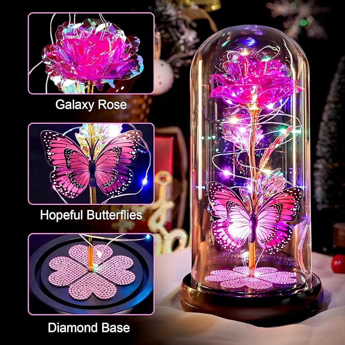 Mothers Day Rose Gifts for Mom Birthday Gift, Rechargeable Galaxy Glass Rose in Glass Dome Crystal Roses Butterfly Anniversary Mother's Day Flowers Gifts for Women Mom Wife Grandma Daughter, Pink
