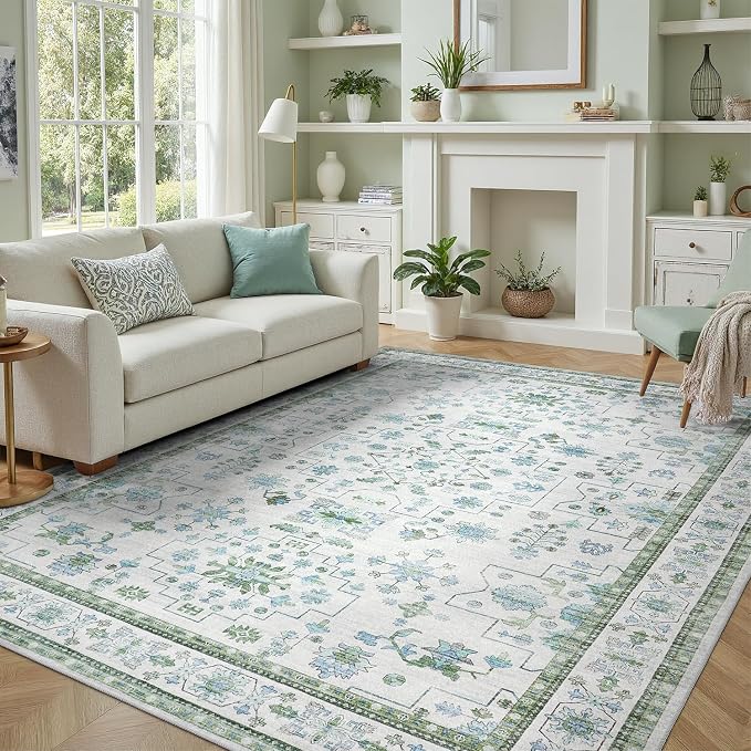 DCX Green 9x12 Rug, Kid & Pet Friendly with Rubber Back Non Slip, Machine Washable Stain Resistant Vintage Boho Floral Rug for Living Room, Bedroom, Soft Low Pile Large Nursery Carpet