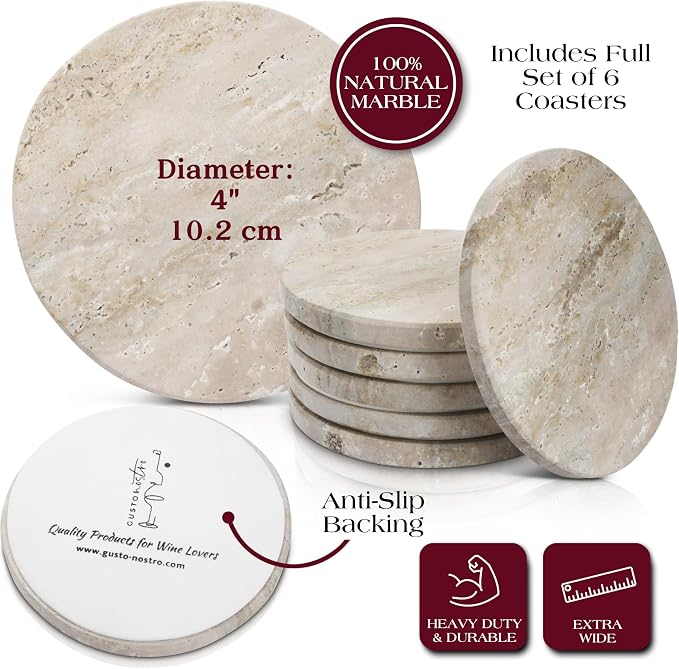 Gusto Nostro Beige Travertine Coasters - Absorbent Stone Coasters Set of 6 - High-end, Natural Stone Coaster for Drinks - Anti-slip Round Artisanal Travertine Coaster for Kitchen Counter, Coffee Table