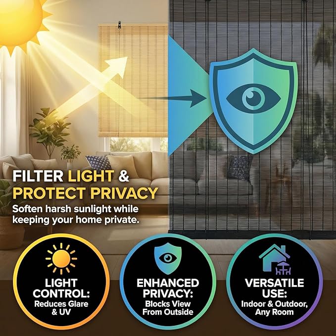 Glimer Bamboo Blinds for Interior Windows, Natural Roll Up Bamboo Shades for Indoor Windows & Outdoor Patio, Light Filtering Bamboo Window Shades for Living Room, Porch, Balcony, Easy to Install