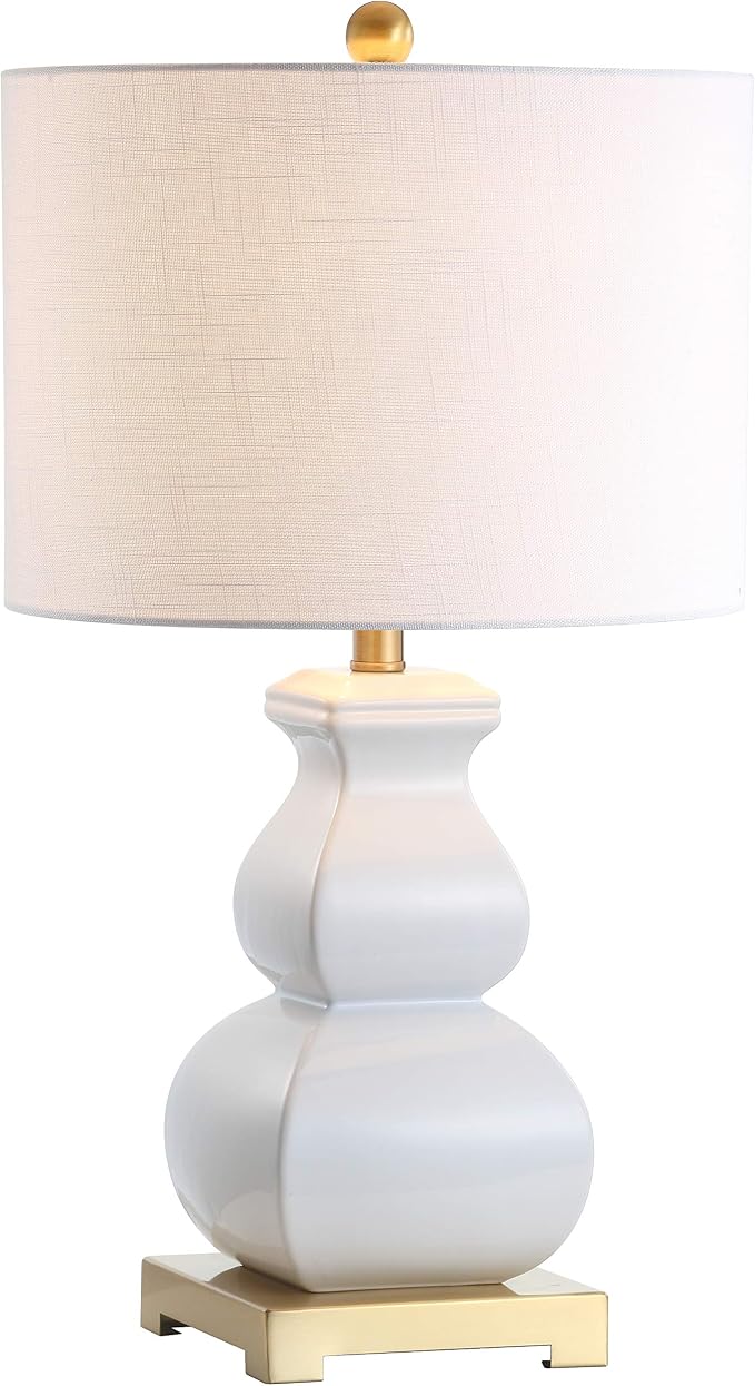 JONATHAN Y 25.5" White/Gold Ceramic Table Lamp for Living Room Bedroom, White Linen Shade, Modern Footed Vase Bedside Lamp, LED Bulb Included, UL Listed (JYL3049B)