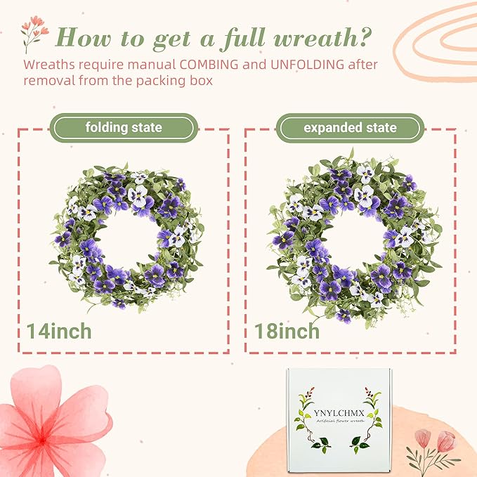 YNYLCHMX 18" Spring Summer Wreaths for Front Door, Artificial Floral Wreath with Purple Pansy Flowers Green Eucalyptus Leaves, Green Foliage Wreath for Wall Window Farmhouse Party Holiday Home Decor