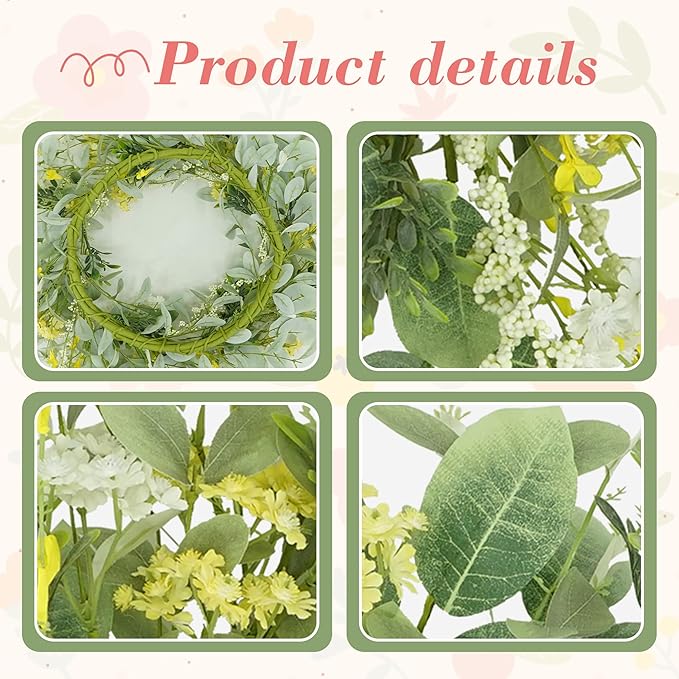 YNYLCHMX 18" Spring Summer Wreaths for Front Door, Artificial Floral Wreath with Yellow White Daisy & Green Eucalyptus Leaves, Green Foliage Wreath for Wall Window Farmhouse Party Holiday Home Decor