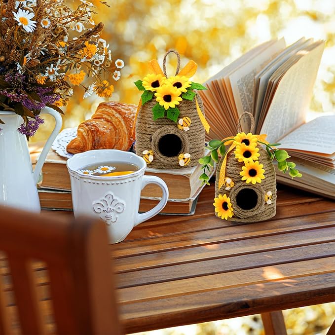 nuvagiki 2 Pack Bee Hive Decor, Farmhouse Bee Decorations with Sunflower, Rustic Bumble Bee Tiered Tray Decor for Kitchen Table, Spring Summer Home Decor