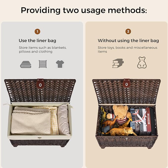 Honjourai Wicker Storage Basket with Lid,Rattan Shelf Basket with Removable Liner Bag,65L Storage Bin,Storage Trunk with Heightened Feet,Storage Container for Wardrobe,Home Organizer