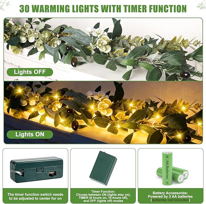 Artgar Olive Garland with Lights - 6 Ft Eucalyptus Garland with Timer 30 Fairy Lights, Artificial Greenery Olive Leaf Vine Garlands for Indoor Outdoor Wedding Arch Backdrop Table Spring/Summer Decor