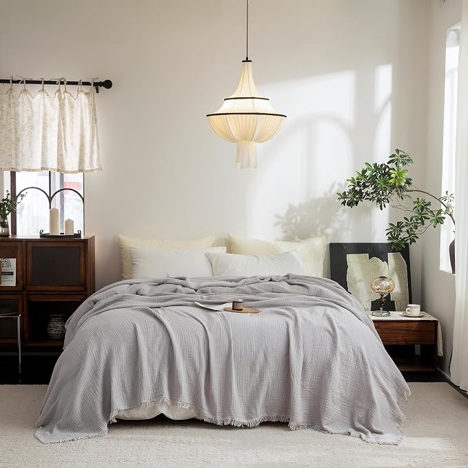 FOSSA Muslin Blanket: 4-Layer 100% Cotton Gauze Blanket with Fringe 98"x98" | Super Soft Breathable Lightweight All Season & Decorative Blanket or Bed, Sofa, Office (Grayish,Oversize Queen)
