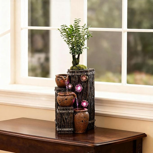 MAOCHI Tabletop Water Fountain, Woodgrain Succulent Growing Fountain with 5 LED Color Changing Lights, Meditation Desk Water Decorative Home Decor, Office Decor or House Warming Gifts new Home