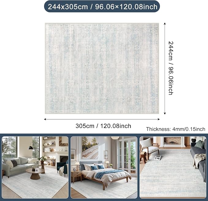 Lahome Blue Rugs for Living Room, 8x10 Distressed Light Blue Area Rugs for Bedroom, Stain Resistant Large Carpets for Dining Room, Soft Non Slip Floor Mat for Kids Room