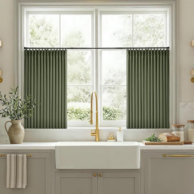 36 Inch Pleated Linen Curtains 36 Inch Length 2 Panel Set Memory Trained Pinch Pleated Privacy Semi Sheer Light Filtering Short Kitchen Window Curtain Thick Loden Olive Green Mini Cafe Small Drapes
