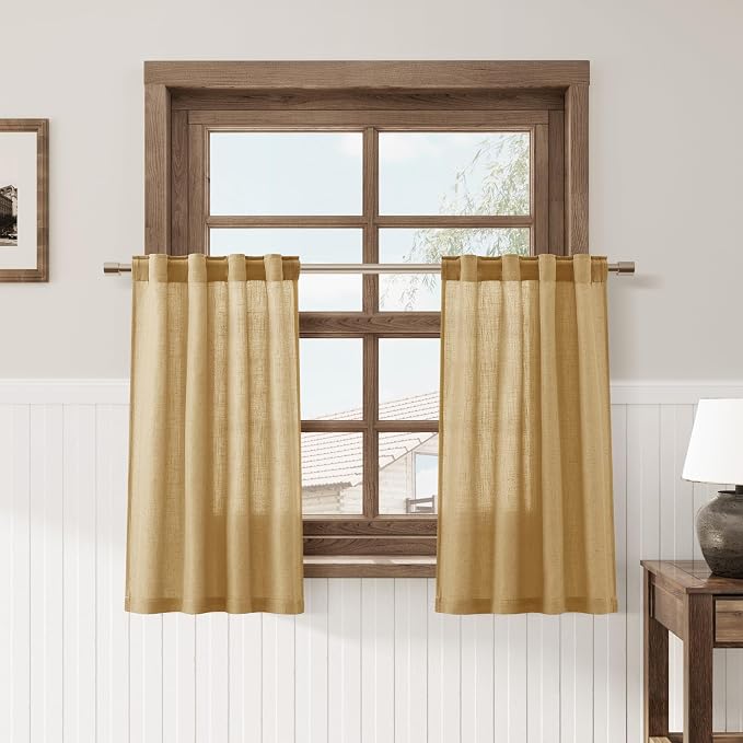 Gold Yellow Cafe Curtains 30 Inch Length Linen Privacy Light Filtering Pleated Short Curtain Rod Pocket Back Tab Design Shabby Chic Kitchen for Bathroom Laundry Room Small Window 2 Panels 26Wx30L