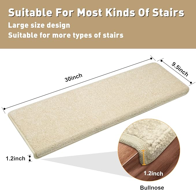 PURE ERA Bullnose Carpet Stair Treads Set Tape Free Non-Slip Indoor Stair Protectors Pet Friendly Rugs Covers Soft Skid Resistant Washable Reusable 9.5" x 30"(2 Pieces,Light Beige)