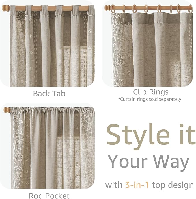 jinchan Winslow Linen Curtains for Bedroom 96 Inches Length Embroidered Bordered Floral Curtains for Living Room Farmhouse Decor Light Filtering Window Treatments Ivory on Taupe Drapes 2 Panels